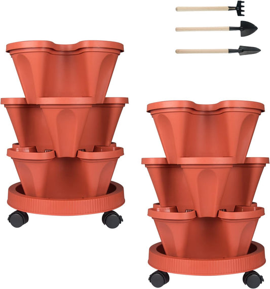 Vertical Planter 3 Tier Stackable Planters Garden Planters Strawberry Herb Flower and Vegetable Planter Indoor Outdoor Gardening Pots with Removable Wheels and Tools 2-Pack