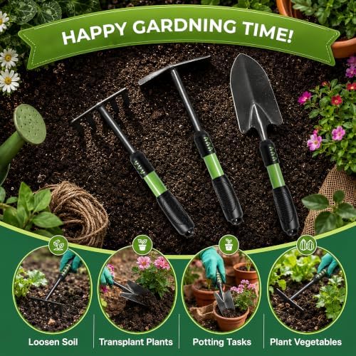 Bloomix 3 pcs Black Stainless Steel Gardening Tools Set – Heavy Duty Hand Trowel, Hand Rake & Hoe Cultivator with Ergonomic Handles – Durable Garden Tool Kit for Plant Care and Soil Work