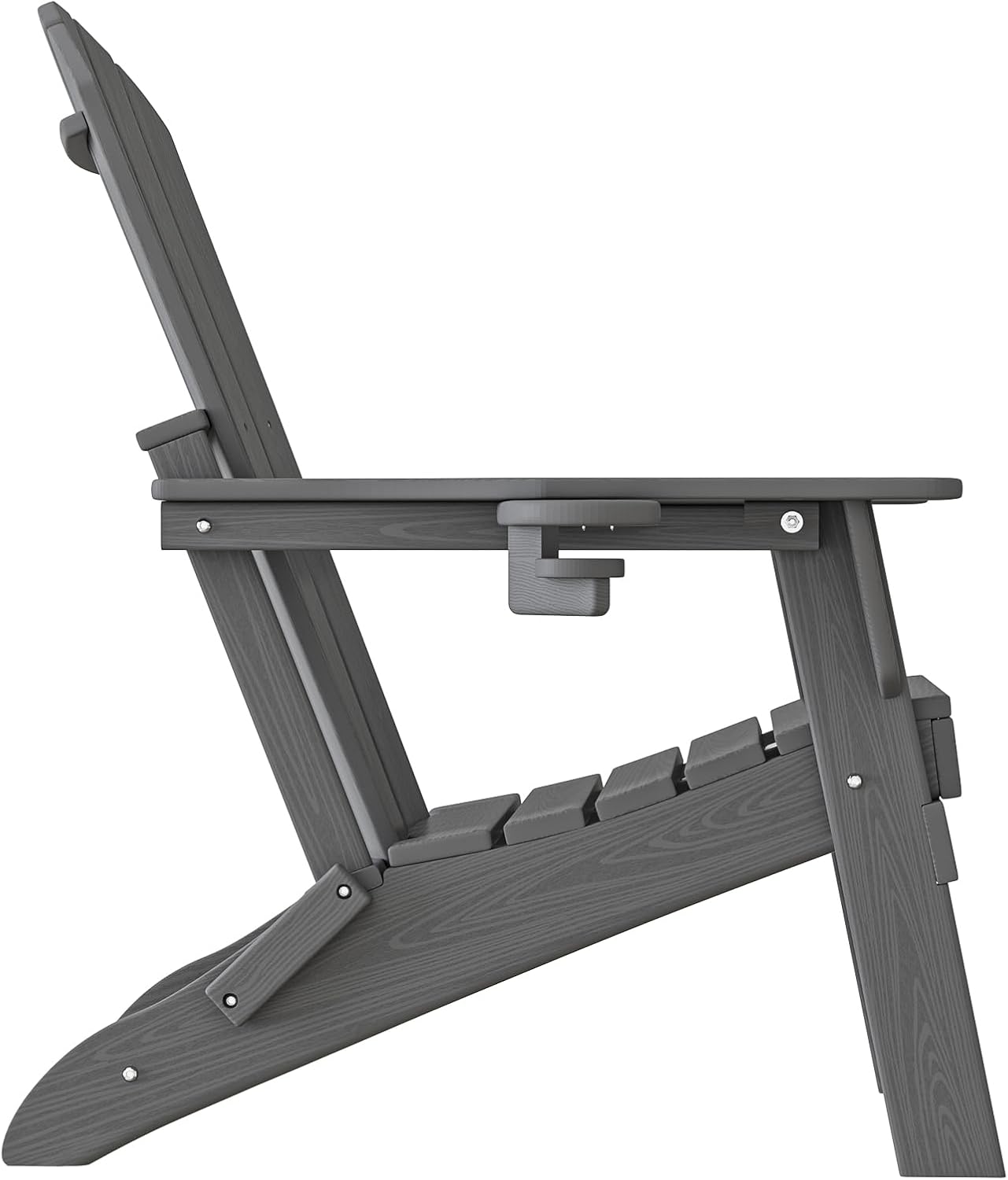 Folding Adirondack Chair - Extended Ergonomic Backrest, Cup Holder - Easy Assembly - Durable HDPE Plastic, Weather Resistant & Maintenance-Free - Lawn, Patio, Deck Supports 380lbs Grey