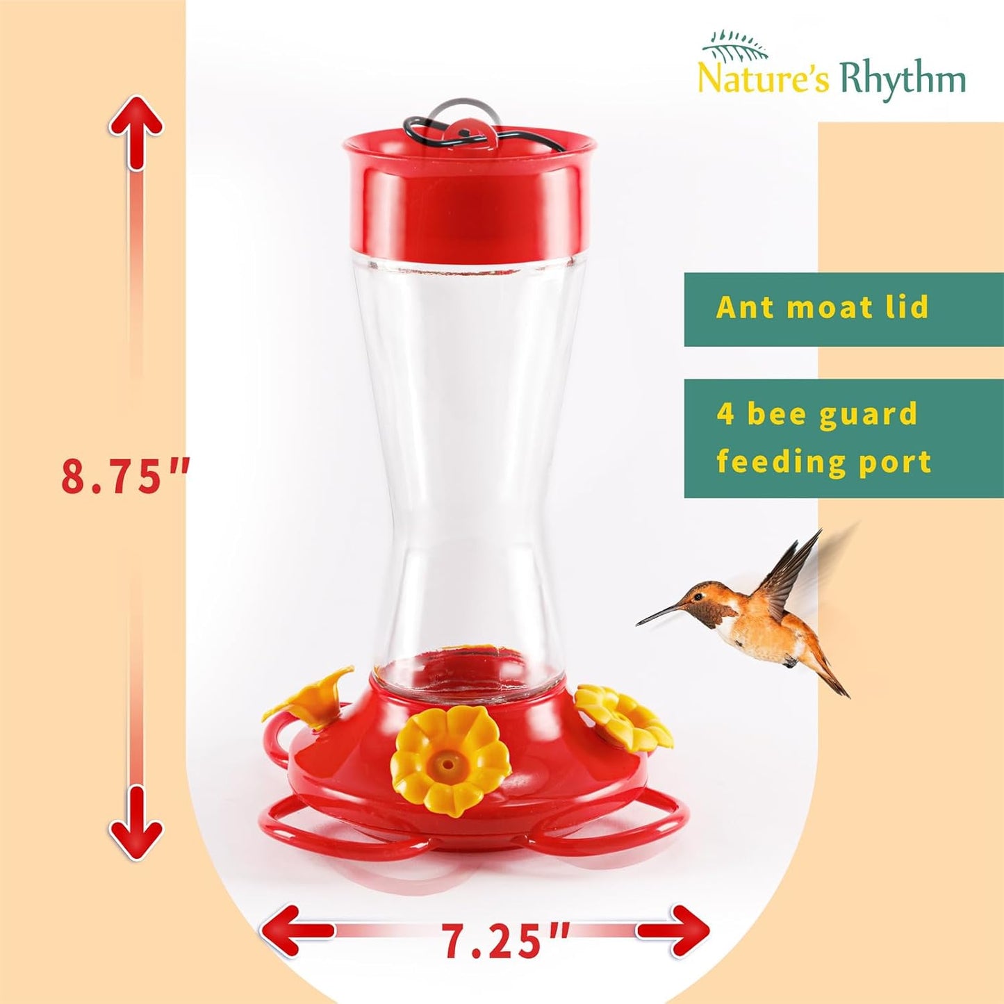 Nature's Rhythm Bird Feeder 4 bee Guard Plastic Yellow Flowers Feeding Port 8oz Glass Pinch Waist Hummingbird Feeder (1Pcs)