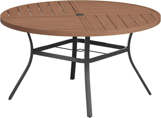 VICLLAX Round Patio Table with Adjustable Umbrella Hole for 6, All Weather Metal Outdoor Dining Table for Lawn Garden, 50" Outdoor Coffee Table, Walnut Wood-Like Tabletop