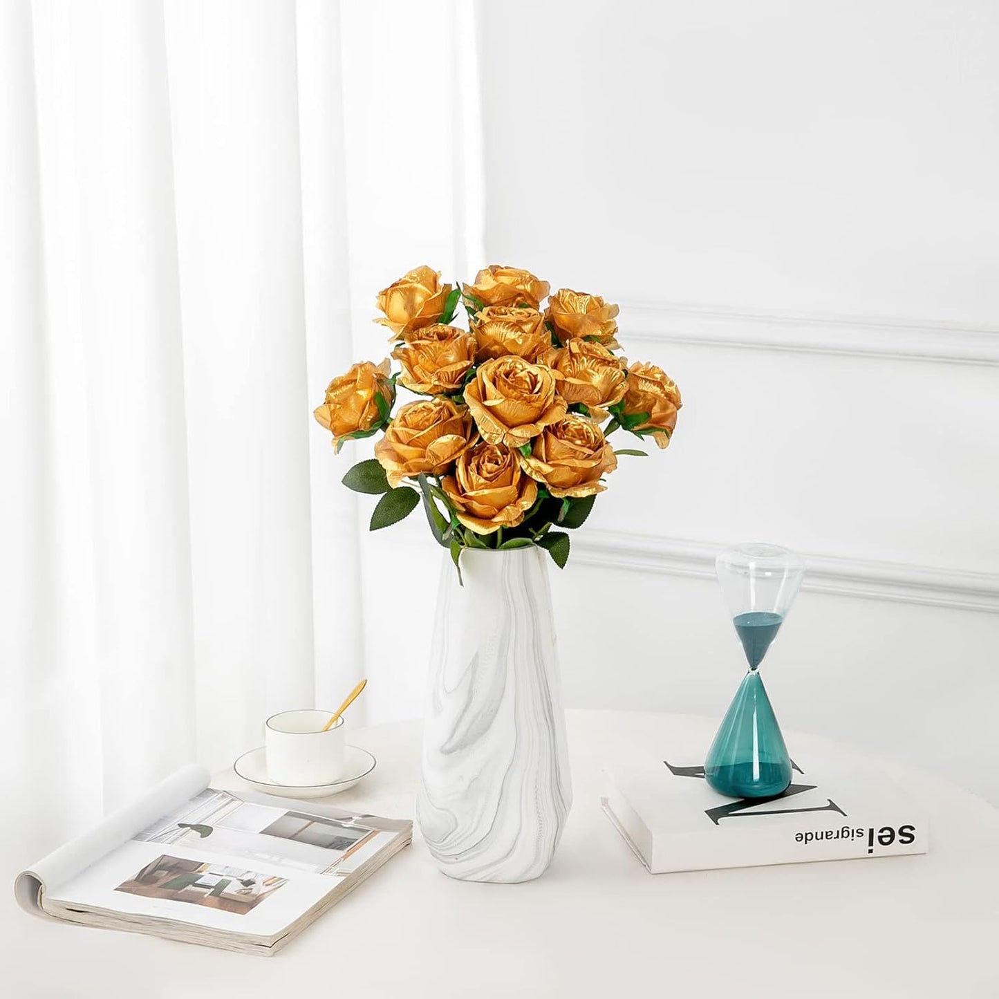 Hawesome 12PCS Artificial Silk Flowers Realistic Roses Bouquet Long Stem for Home Wedding Decoration Party (Gold-1)