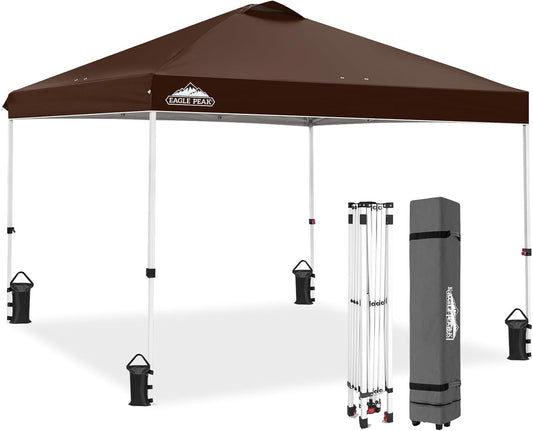 EAGLE PEAK Pop Up Canopy Tent with Wheeled Carry Bag, 8 Stakes, 4 Ropes, 4 Weight Bags, Easy Set Up Tent Canopy, 10x10 ft, 100sqft of Shade,Brown