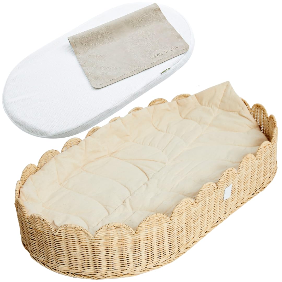 Bebe Bask Premium Baby Changing Basket - Artisan-Crafted Scalloped Rattan - Changing Basket for Baby Dresser - All Accessories Included - Complete Set for Nursery (Natural)