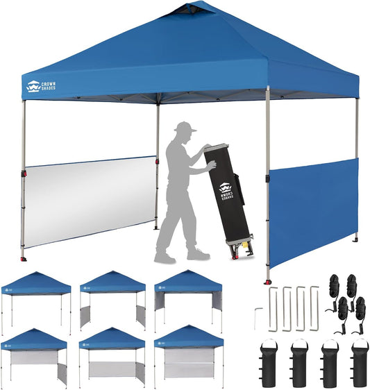 CROWN SHADES Canopy Tent, 10 x 10 Foot Portable Pop Up Outdoor Shelter with 2 Half Sidewalls, 1 Push Center Lock, UV Protection, and Carry Bag, Blue