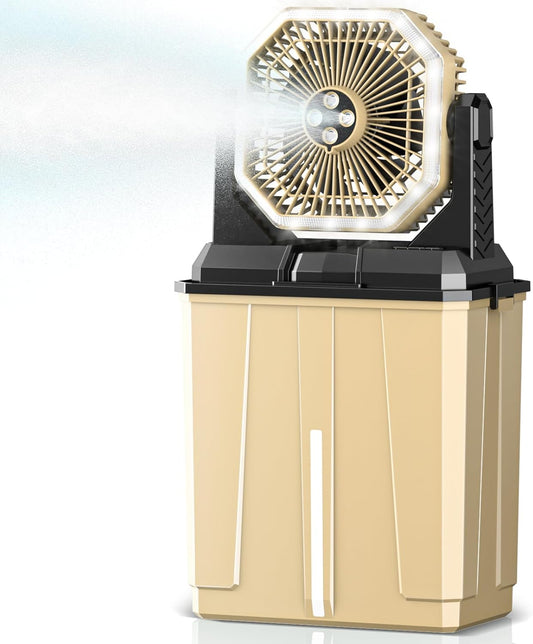 Coolice Camping Bucket Misting Fan 8L Water Tank, 24000mAh Outdoor Misting Fan with 2 Spray Modes & 3 Speeds, 3-speed LED lights Floor Cooling Fans, Portable Camping Fans for Patio, Garden, Worksite