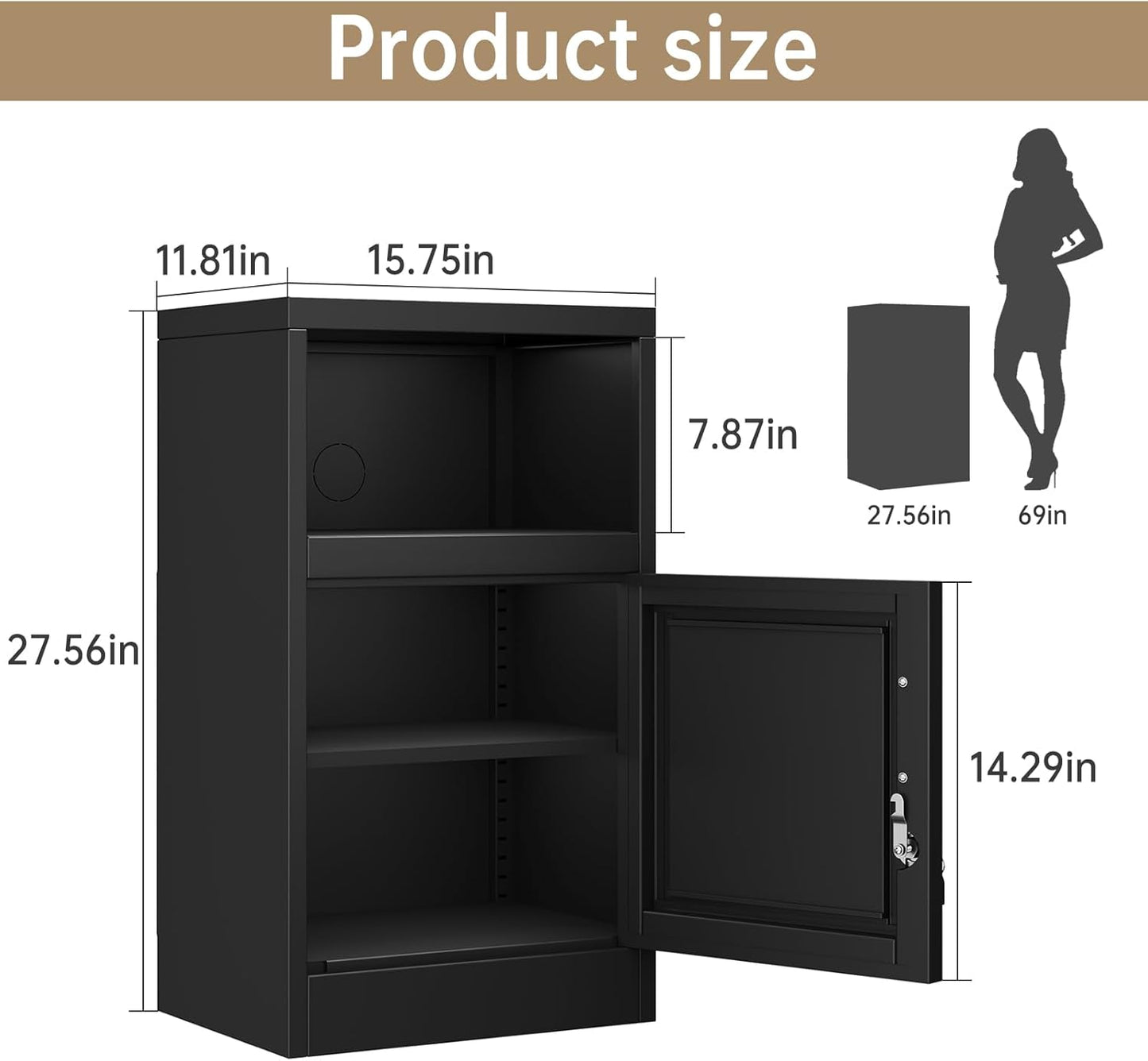 27" Metal Nightstand with Locked Doors, Small Sidetable with Storage Shelf, Storage Cabinet for Bedroom, Metal End Table for Home, Office Black