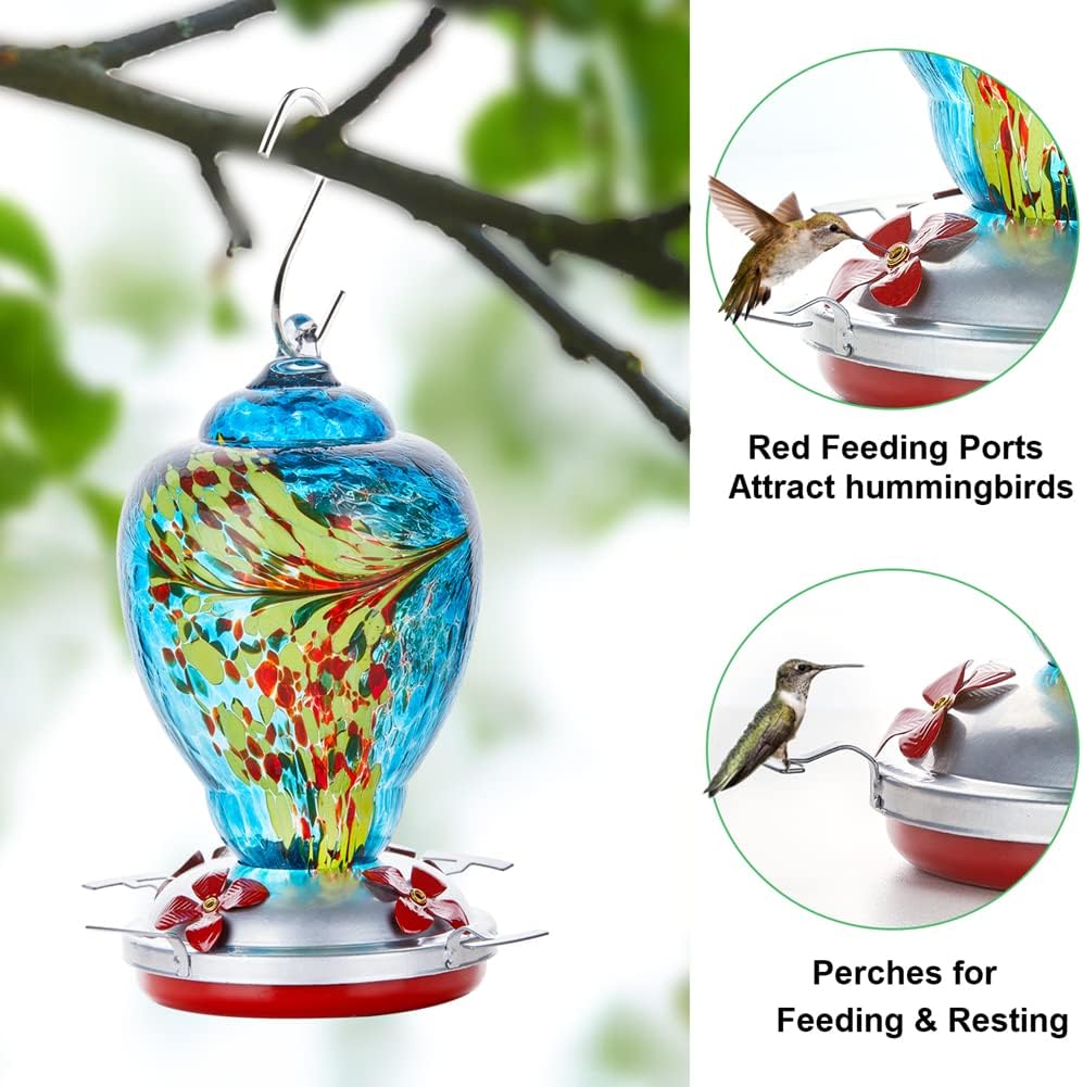 WOSIBO Hummingbird Feeder for Outdoors Patio Large 32 Ounces Colorful Hand Blown Glass Hummingbird Feeder with Ant Moat Hanging Hook, Rope, Brush and Service Card (Blue)