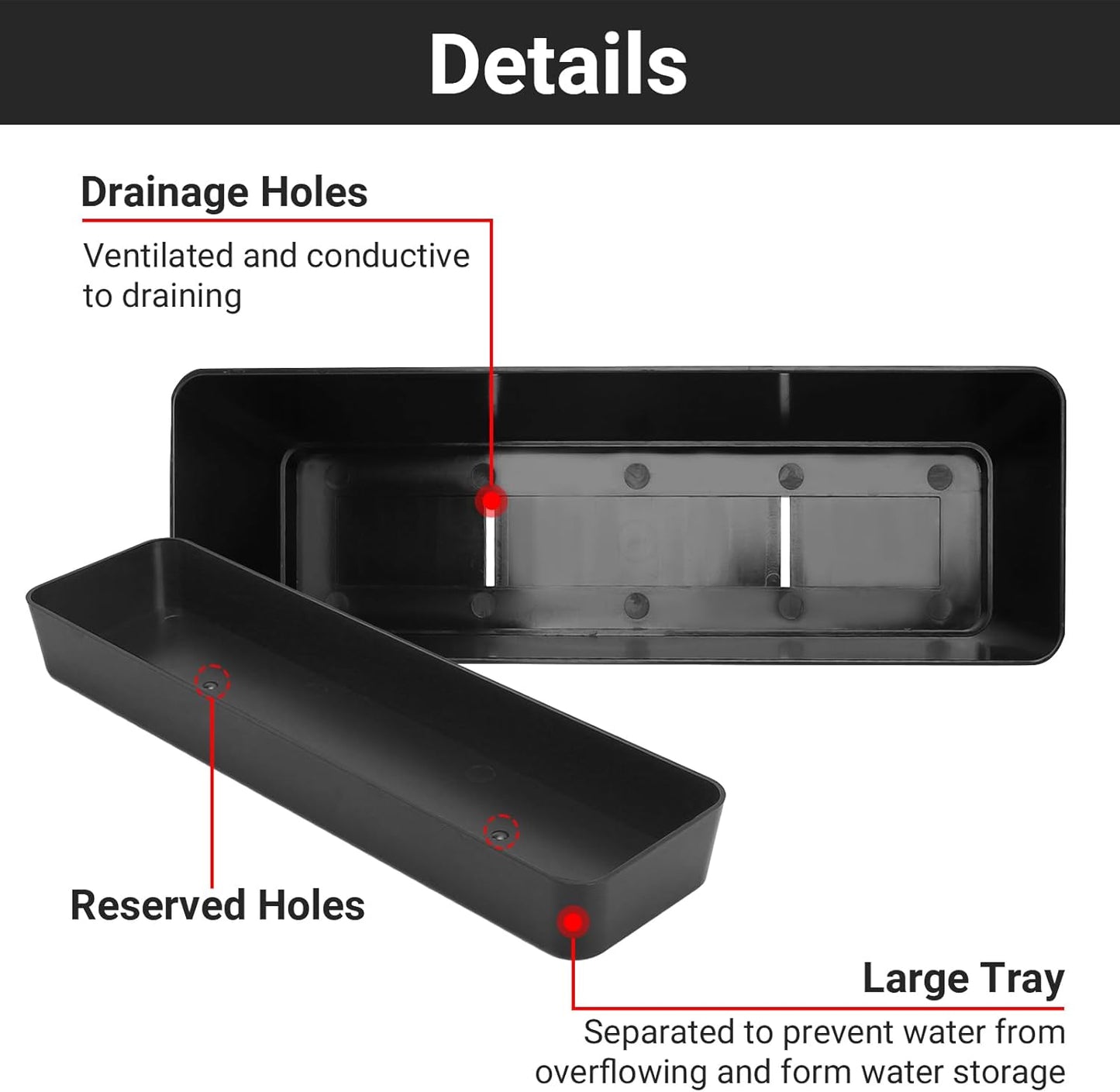 GREANER Black Rectangle Window Boxes, 3 Pack 12x3.8 Inch Herb Planters with Tray, Indoor Succulent Cactus Mint Plastic Pot for Windowsill, Garden Balcony, Office Outdoor Decoration