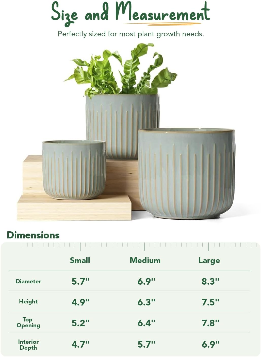 LE TAUCI Fluted Ceramic Planters Set of 3 – 8.3/7 / 5.7 in Blue Gray Reactive Cylinder Indoor Plant Pots with Drainage Plug & Mesh, Glossy Stoneware Flower Pots for Succulents Herbs
