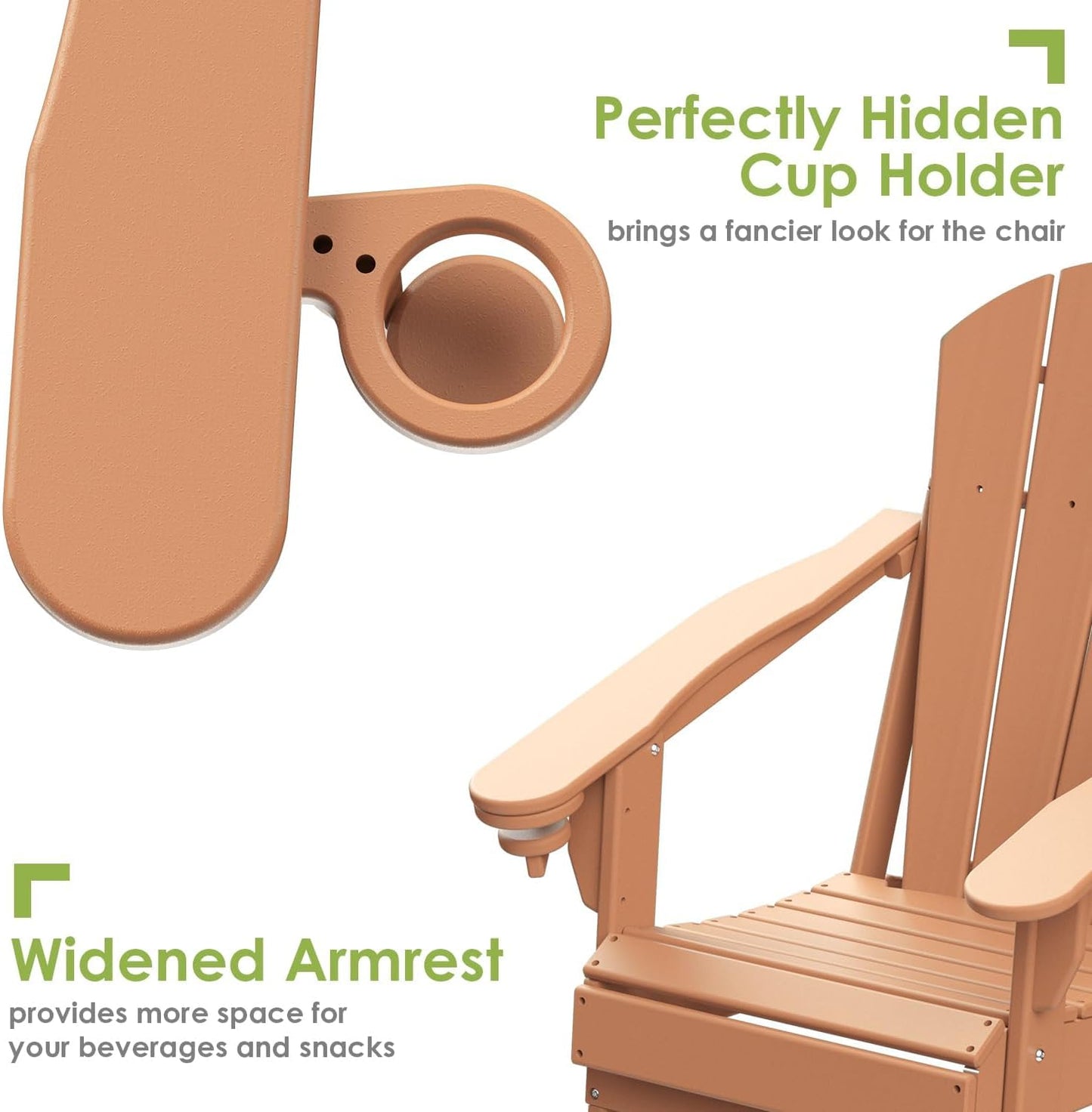 GREENVINES Folding-Adirondack-Chair | HDPE Plastic | Fire Pit Chairs | All Weather | Cup Holder | Teak | for Deck Backyard Patio Outdoor Garden