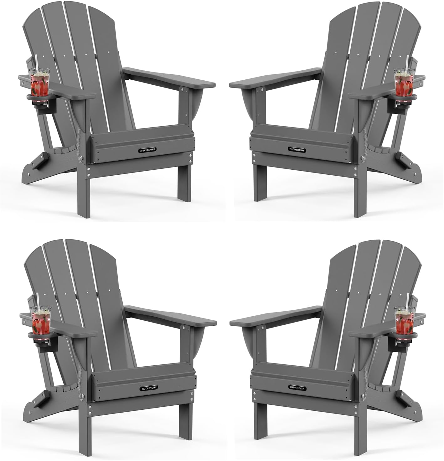 MUCHENGHY Folding Adirondack Chairs HDPE Weather Resistant 4 Pack, Patio Firepit Chairs, Sturdy Outside Chairs, Lawn Chairs, 15min Assembly 380lb Grey