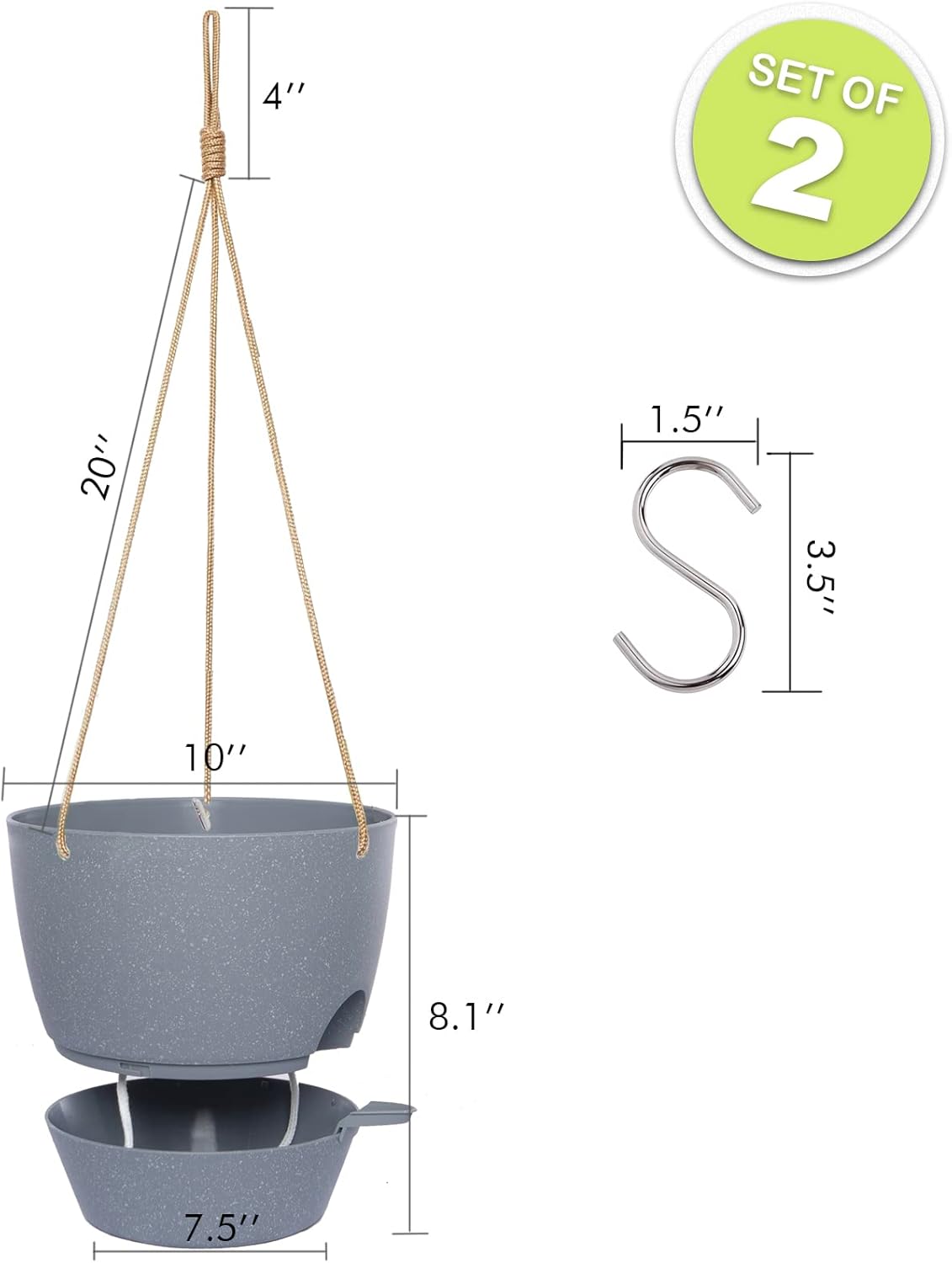 10 Inch Self Watering Hanging Pots, 2 Pack Hanging Planters with 40oZ Deep Reservior for Indoor Outdoor Plants Flowers, Grey