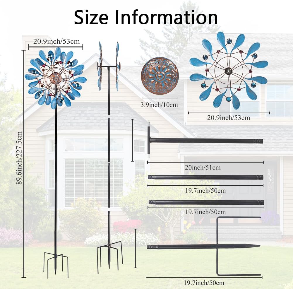 Stargarden Wind Spinners Outdoor, Large Kinetic Wind Spinner, Waterproof Blue Pinwheels with 4 Sturdy Stake, Metal Windmill for Yard, Porch Decor (21 * 90 Inches)
