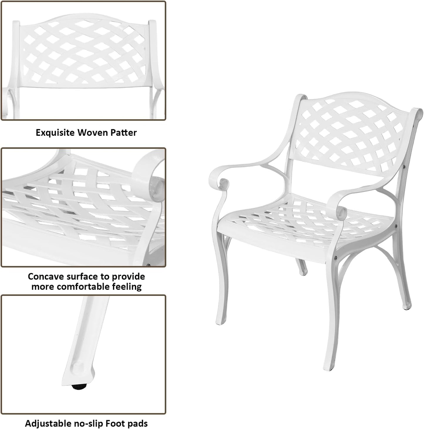 3 Piece Cast Aluminum Bistro Set With Umbrella Hole, Outdoor Patio Furniture With Adjustable Foot Cap, Metal Table and 2 Chairs for Garden, White