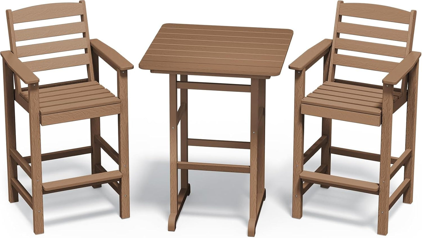 SERWALL Balcony Adirondack Chairs and Table 3 Pieces Set, Adirondack Bar Height Chairs Set of 2 and Bar Table, Outdoor Bar Stools Set for Bistro, Poolside, Backyard, Brown