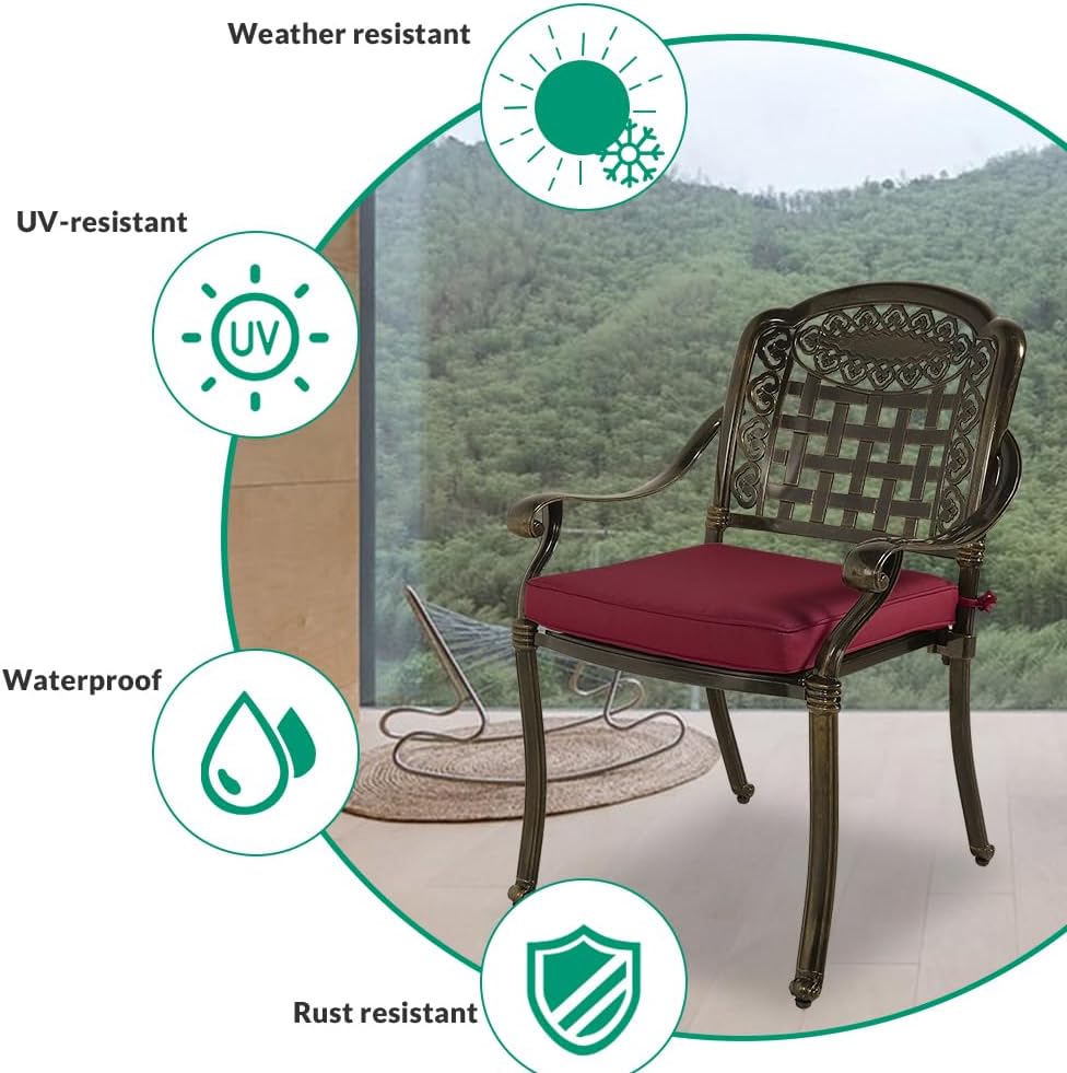 VIVIJASON 3-Piece Outdoor Patio Bistro Set, All-Weather Cast Aluminum Furniture Dining Sets Include 2 Cushioned Chairs and 31" Round Table w/Umbrella Hole for Balcony, Garden, Backyard, Red Cushion