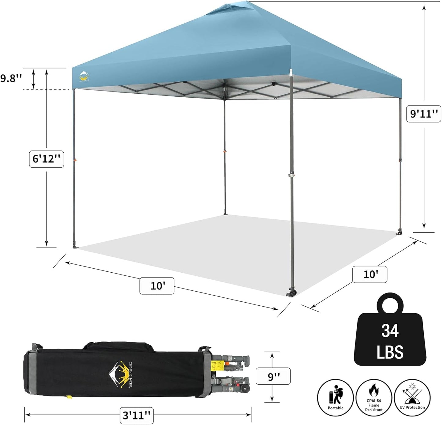 CROWN SHADES Adjustable Height on The Fly, 10x10 Pop Up Canopy - Beach Tent with One Push Setup - Easy Outdoor Sun Shade for Events, Parties, Camping - Outside Shade with STO-N-Go Bag, Cyan Blue