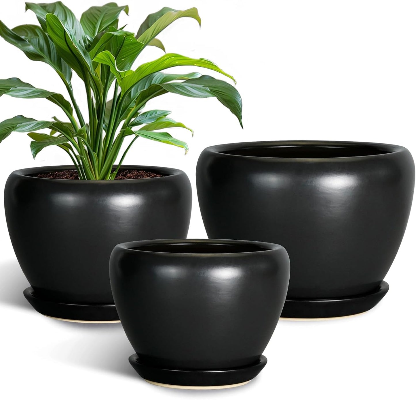 Ceramic Planters Pots - 10 Inch 8 Inch 6 Inch Plant Pots Indoor with Drainage Holes and Saucers Large Planters Mid-Century Flower Pots Outdoor Set of 3 Black