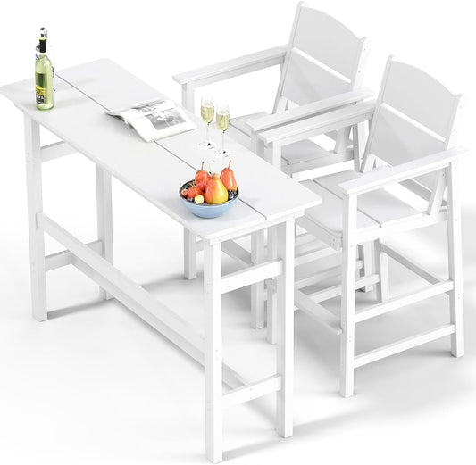 Bar Height Patio Table and Chairs Set, 3-Piece HDPE Outdoor Adirondack Bar Chairs and Patio Table, All-Weather Patio Furniture for Poolside, Backyard, Garden, High Top Patio Bar Set, White