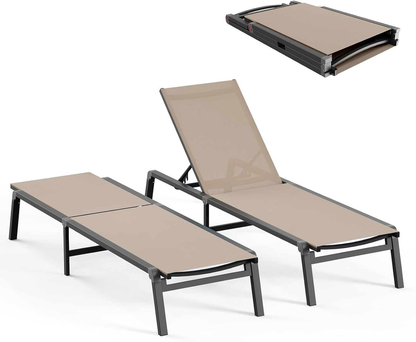 Patio Chaise Lounge Chair, Foldable Lounge Chair for Outside, Aluminum Chairs Set of 2 with 5 Adjustable Backrest, Outdoor Pool Lounger for Poolside, Lawn, Deck, Khaki
