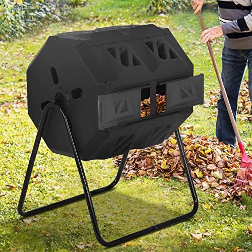 43 Gallon Outdoor Compost Bin Large Tumbling Composter Garden Dual Composting Bins with Dual Chamber Sliding Doors & Aeration System for Garden Patio, All Season Composter, Black Door