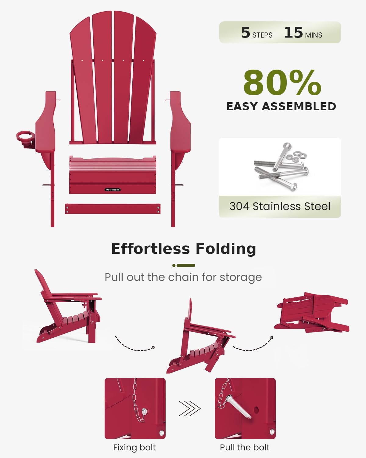 MUCHENGHY Folding Adirondack Chairs, Patio Chairs, Lawn Chairs, Outdoor Chairs, Adirondack Chair Plastic, Fire Pit Chairs, Weather Resistant with Cup Holder for Deck, Backyard, Garden(Red)