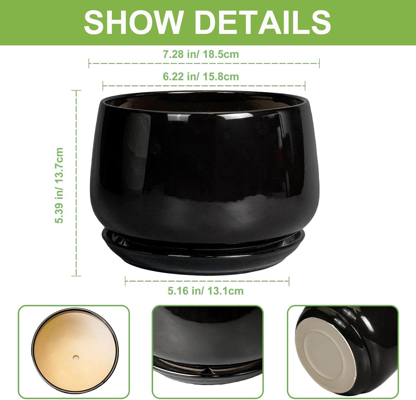 G EPGardening Ceramic Planter 7 Inch - Ceramic Pot for Plants with Drainage and Saucer, Round Plant Pots, Modern Indoor Outdoor Planter, Home Decor, Garden Gifts, Black