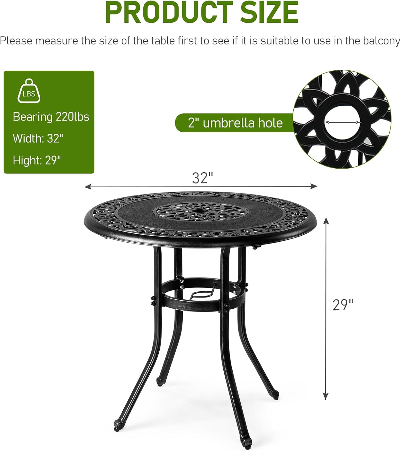 Outvita Outdoor Dining Table, Cast Aluminum Round Patio Bistro Table with Umbrella Hole Weather Resistant Aluminum for Balcony Poolside Garden Lawn