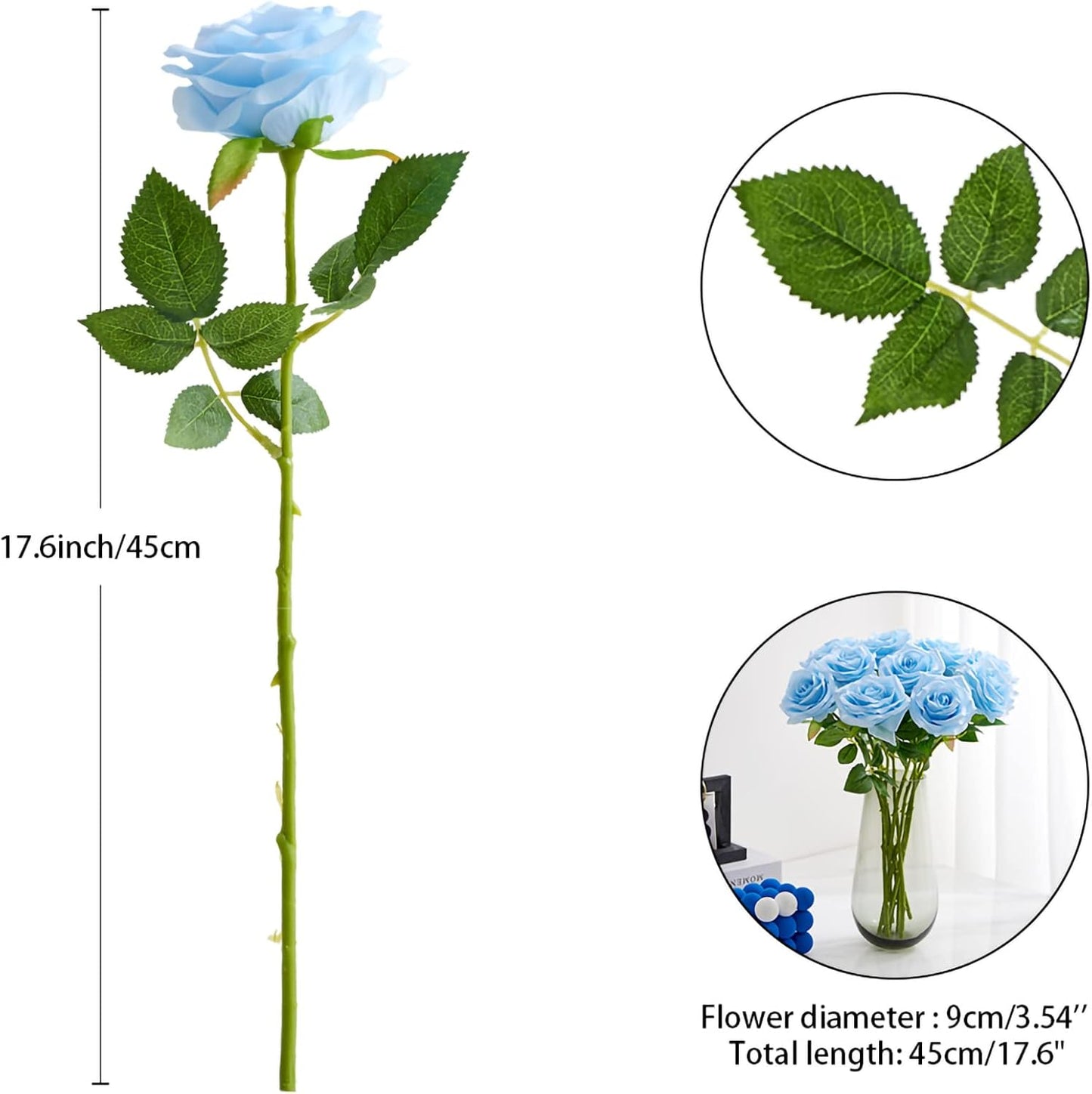 Artificial Rose 10pcs Open Flower Bouquet Faux Rose Stems for Wedding Arrangement, Bridal Bouquet, Centerpiece, Fake Faux Silk Flowers (Blue)
