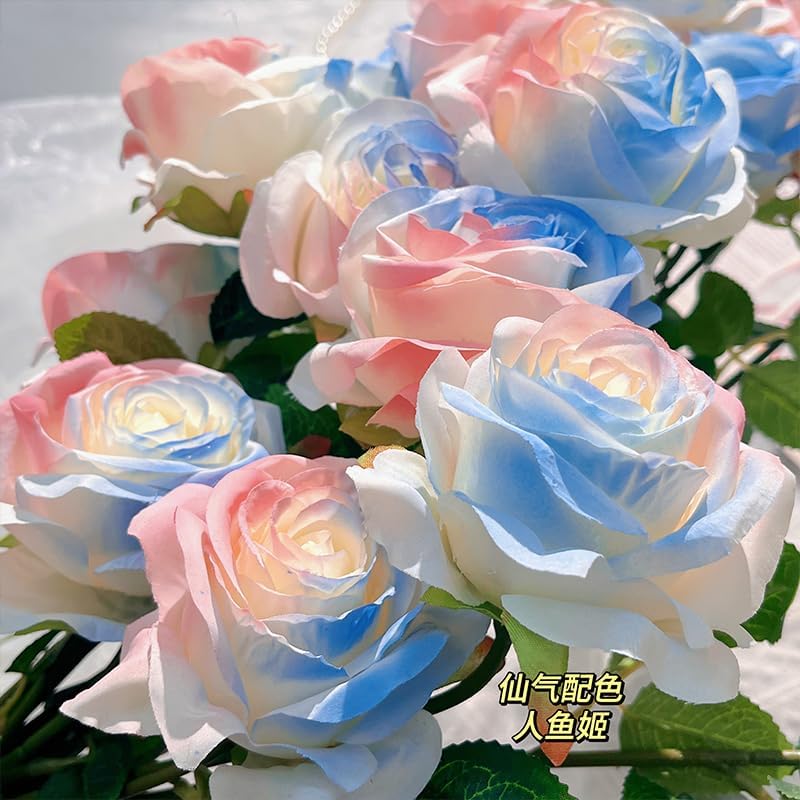 Pink Blue Mix Artificial Roses Fake Flowers Not Bend The Peduncle with Stems for DIY Wedding Bouquets Bridal Shower Centerpieces Arrangements Tables Decorations 24pcs