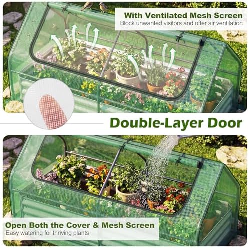 SAFSTAR Raised Garden Bed with Cover, 6FT x 3FT x 3FT Galvanized Bottomless Garden Bed with Greenhouse, Dual 2-Tier Roll-Up Windows, Outdoor Metal Planter Box Kit with Cover (Green)