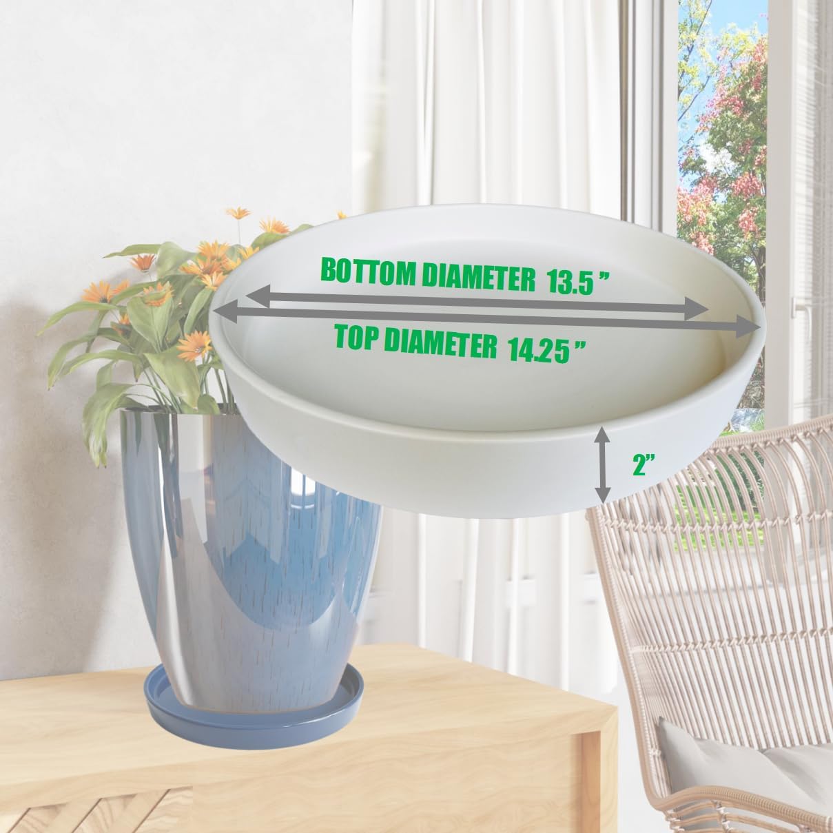 Plant Saucer White Ceramic Deep Pot Tray - 1 Pack 15 inch, Planter Saucers Water Drip Trays for Indoors Outdoor, Thick Durable Sturdy Flower Pot Saucers for Glazing Pots Base, (15"/13.5"-Size)