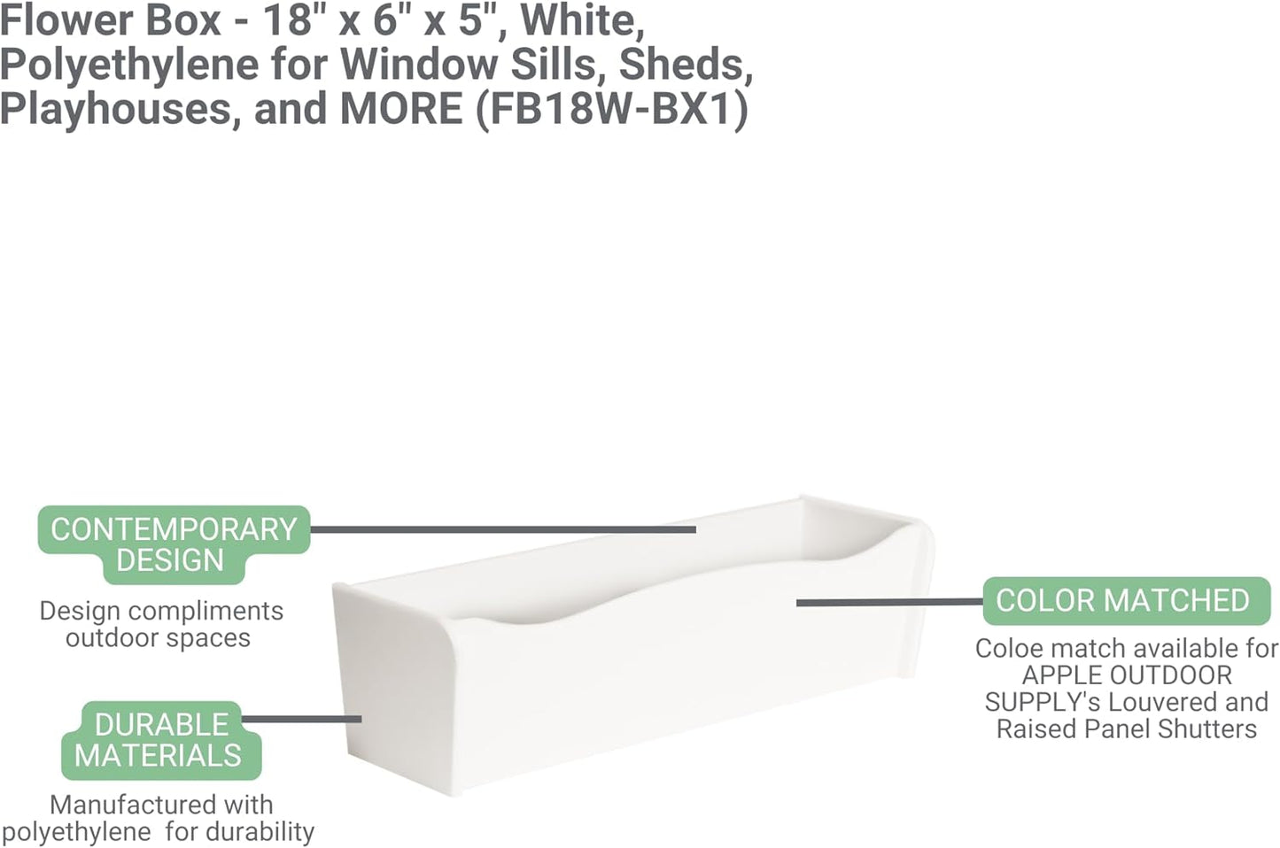 Flower Box 18" x 6" x 5" Redwood Polyethlene for Window Sills, Sheds, and Playhouses, 1 PK (FB18R-BX1)