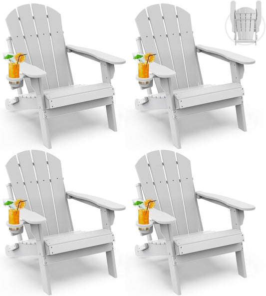 GREENVINES Folding-Adirondack-Chairs-Set-of-4 | HDPE Plastic | Fire Pit Chair | All Weather | Cup Holder | White | for Deck Backyard Patio Outdoor Garden