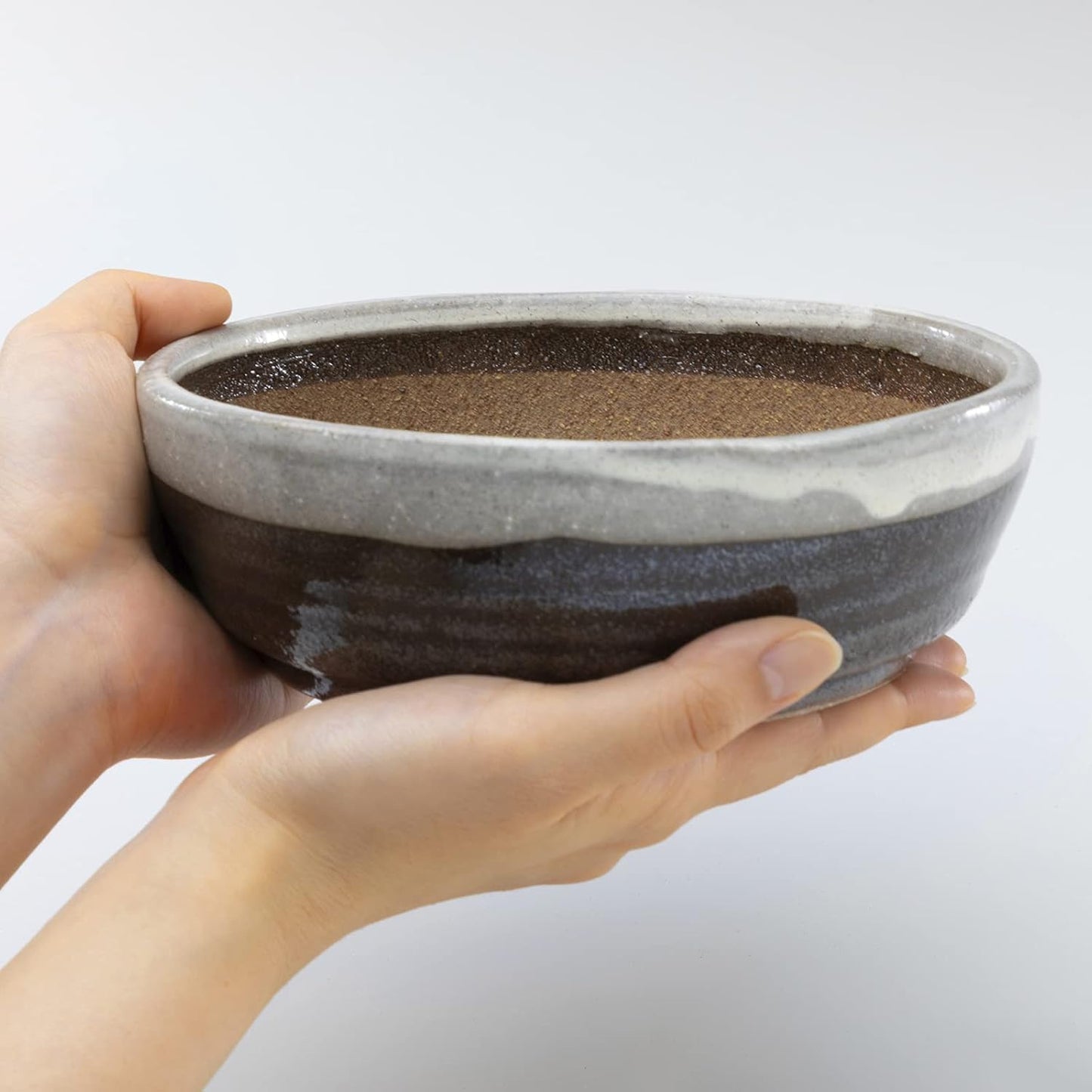 Wazakura Shigaraki Series Handmade Stripe Glazed Ceramic Bonsai Pot with Drainage, 6.6 in (170 mm) Made in Japan, Garden Training Container & Planter - White Stripe Small Size