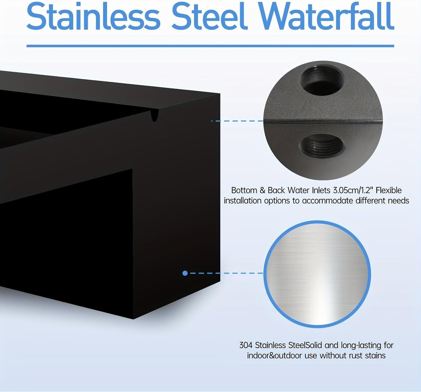 Pool Fountain Stainless Steel Pond Waterfall Spillway Kits for Indoor/Outdoor Decorative, 24 Inches Black Pool Water Feature for Garden Patio, Backyard Koi Pond Decor(No LED Light)