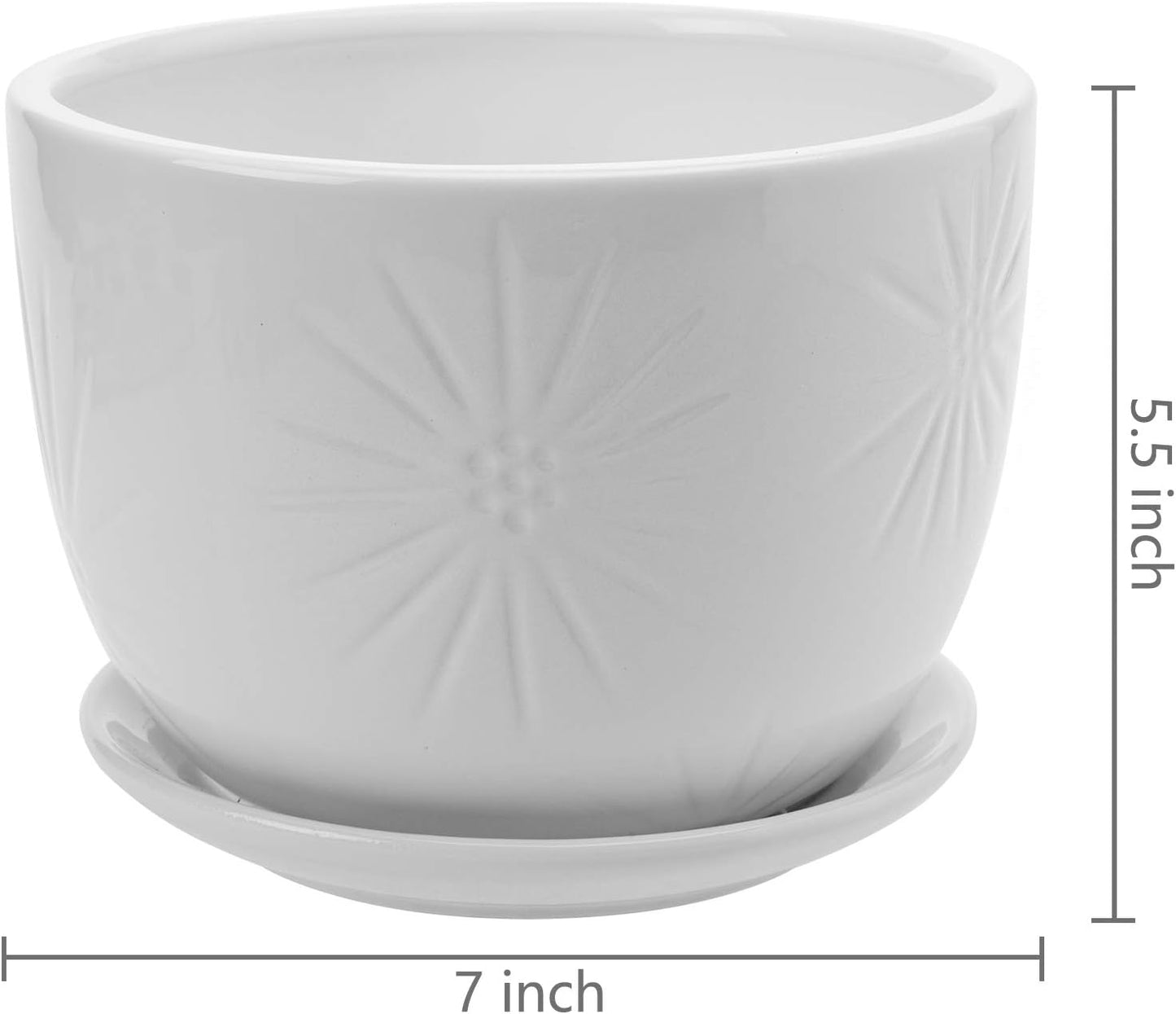 MyGift 7 Inch Round White Ceramic Plant Pot with Drainage Hole and Attached Saucer, Modern Decorative Embossed Sunburst Planter Container for Indoor Home Garden