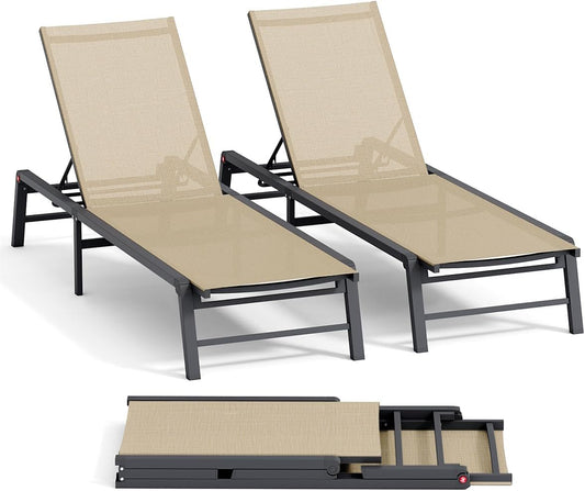 Aluminum Chaise Lounge Chair Outdoor, Foldable Patio Lounge Chair 2 Sets Assemble-Free, Pool Lounge Chairs with 5 Adjustable Backrest, Outdoor Lounge Chairs for Outside Poolside Beach Lawn Flaxen