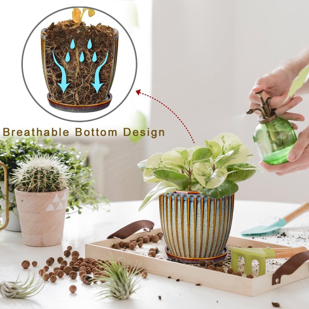 Oairse Ceramic Pots for Indoor Plants, 5.7 inch Pots for Plants Set of 2 Brown Planters with Drainage Holes and Saucers Texture Ceramic Planters Indoor Outdoor for Succulent