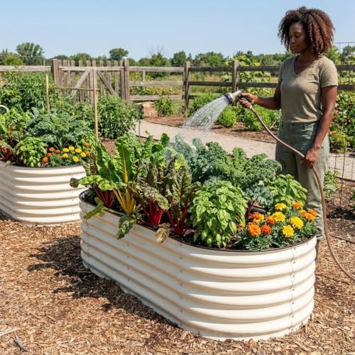 3 Pcs 4x2x1.5ft Raised Garden Bed Outdoor, 17" Tall Galvanized Metal Planter Box, Oval Raised Garden Bed Kit for Planting Vegetables Plants Fruits, Beige White