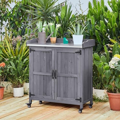 Topeakmart Potting Bench for Outside with Storage Cabinet & Metal Top,Gray