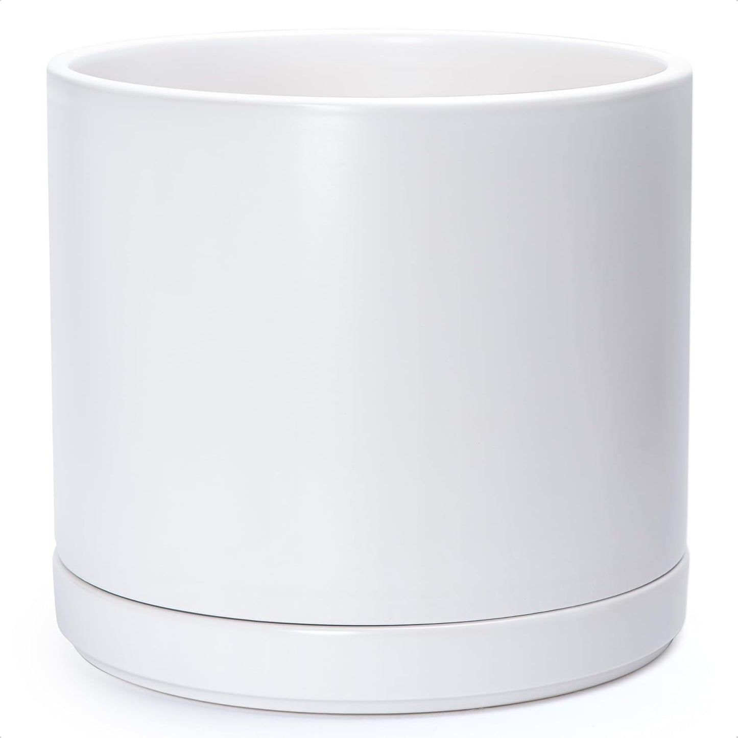 D'vine Dev 14 Inch Ceramic Planter Pot with Drainage Hole and Saucer, Indoor Cylinder Round Planter Pot, White, 94-O-G-1