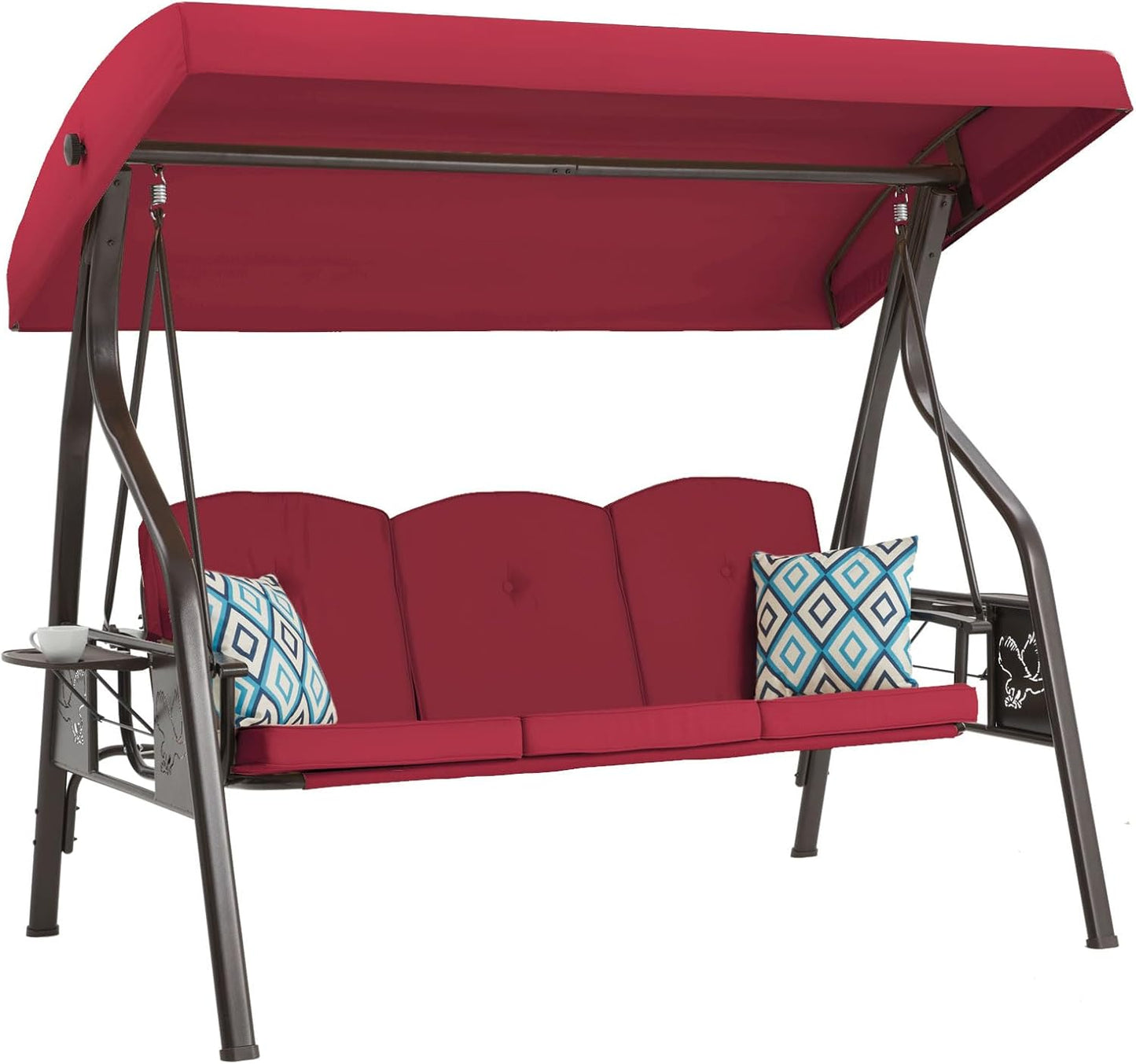 3-Seat Outdoor Porch Swing with Stand, Patio Swing with Canopy, 2 in 1 Porch Swing Bed & Patio Swing Chair for Adult w/Extra Pillows and Cup Holder for Yard (Wine Red)