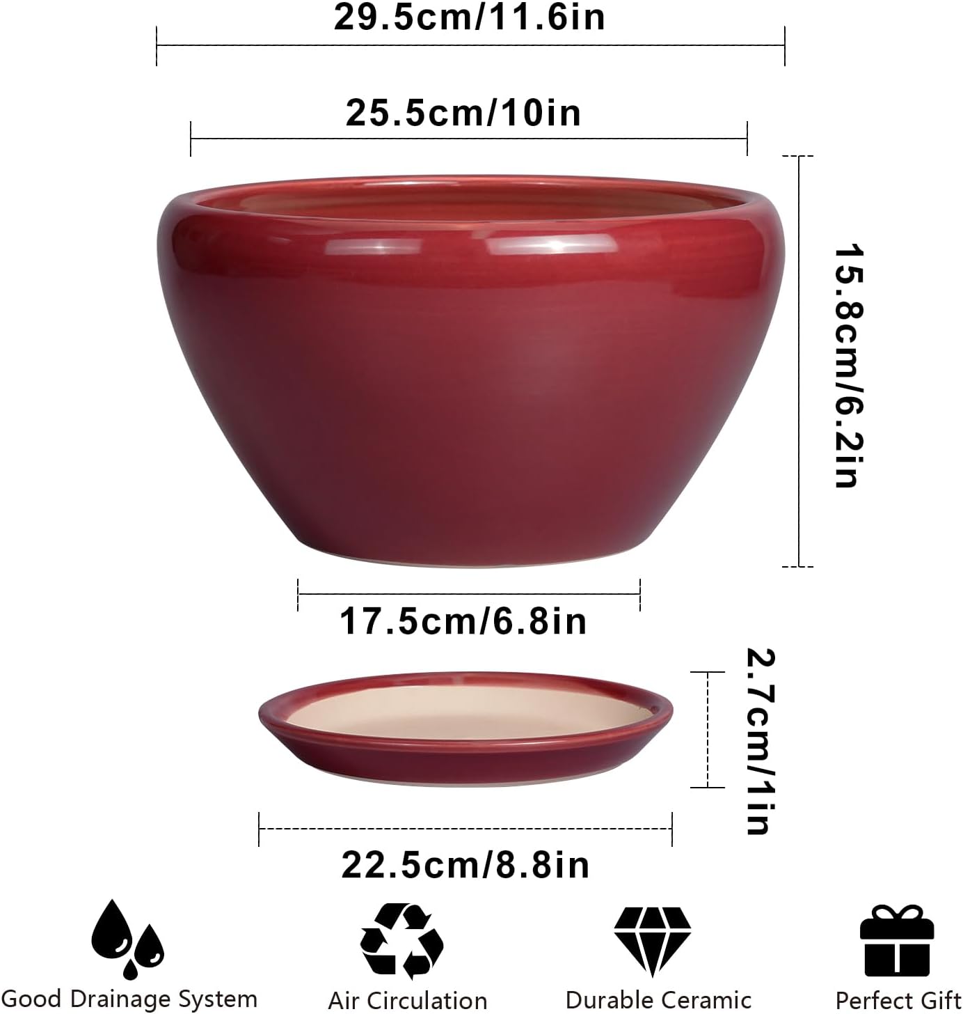 Ceramic Planter - 11 Inch Planter for Outdoor Plants Large Plant Pot Indoor with Drainage Hole and Saucer Round Modern Flower Pot Mid-Century Room Decor Red