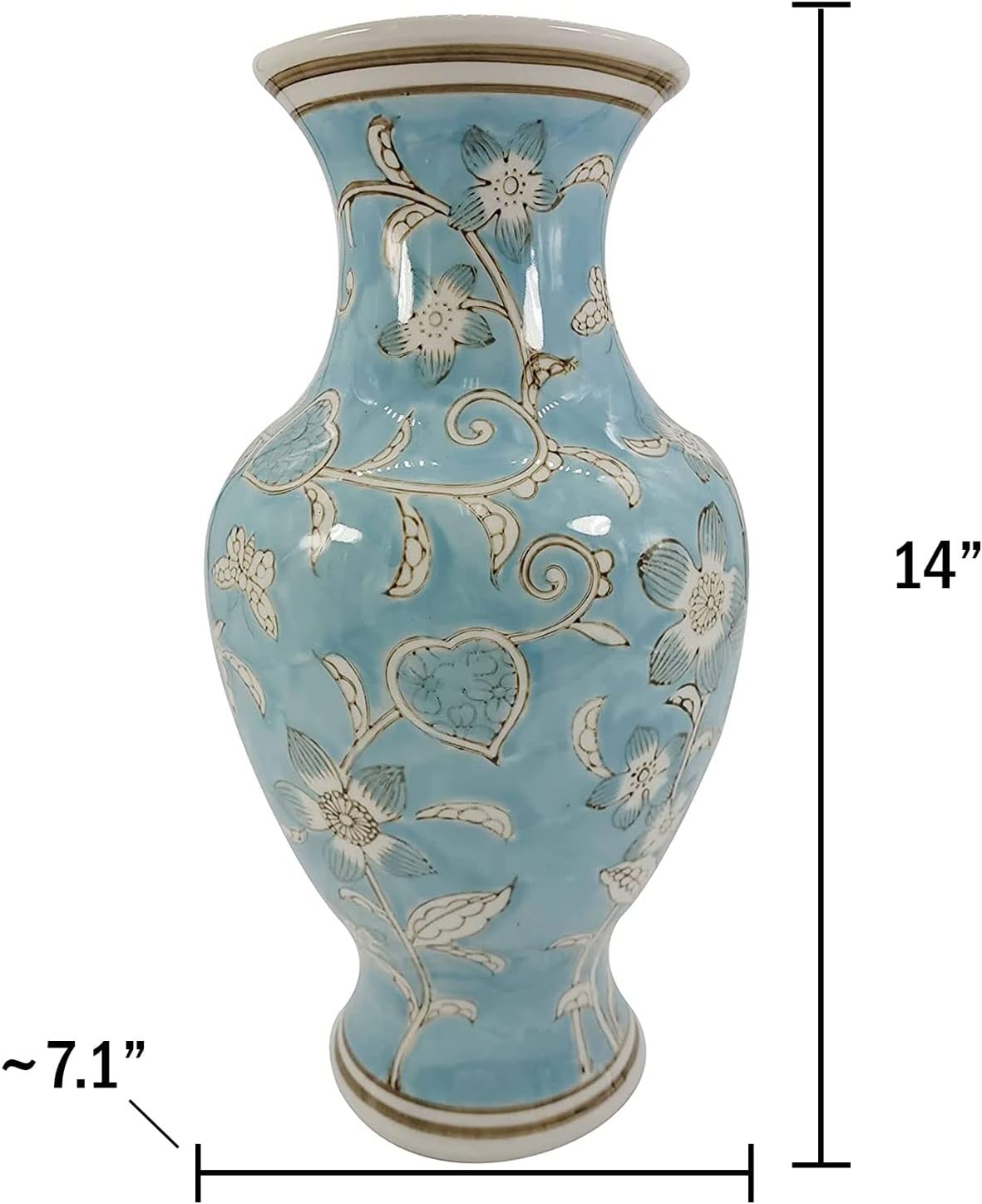 Galt International Light Blue and White Flower & Heart Chinoiserie Ceramic Vase 14"- Hand Painted Antique Style Porcelain Flower Bottle Fishtail Porcelain Chinese Vase for Home Decor Centerpiece