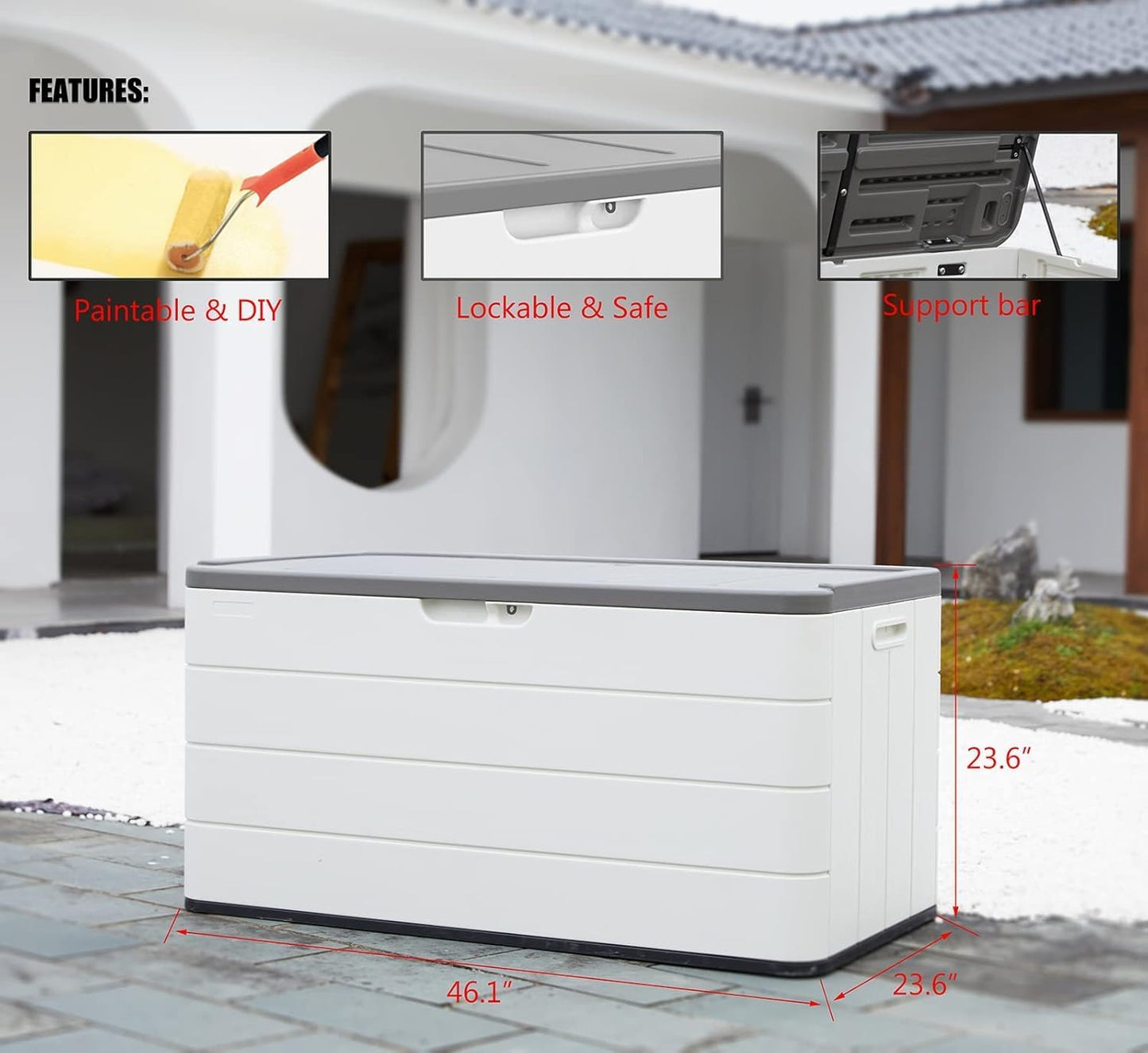 Heavy-Duty 100 Gallon Outdoor Storage Box - Waterproof Deck Box & Large Storage Bin for Patio/Pool, All-Weather Resin Chest with Lock, UV-Resistant, Alpine White