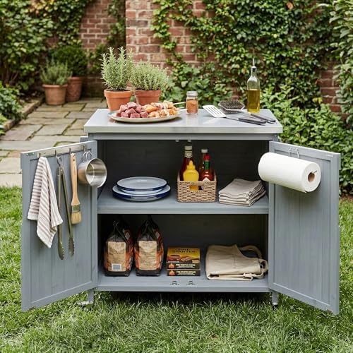 42.1" Outdoor Kitchen Island with Side Shelf,Patio Grill Cart with Storage,Stainless Steel Top, Adjustable Shelf and 4 Wheels,for Pizza Prep (Grey Blue-P)