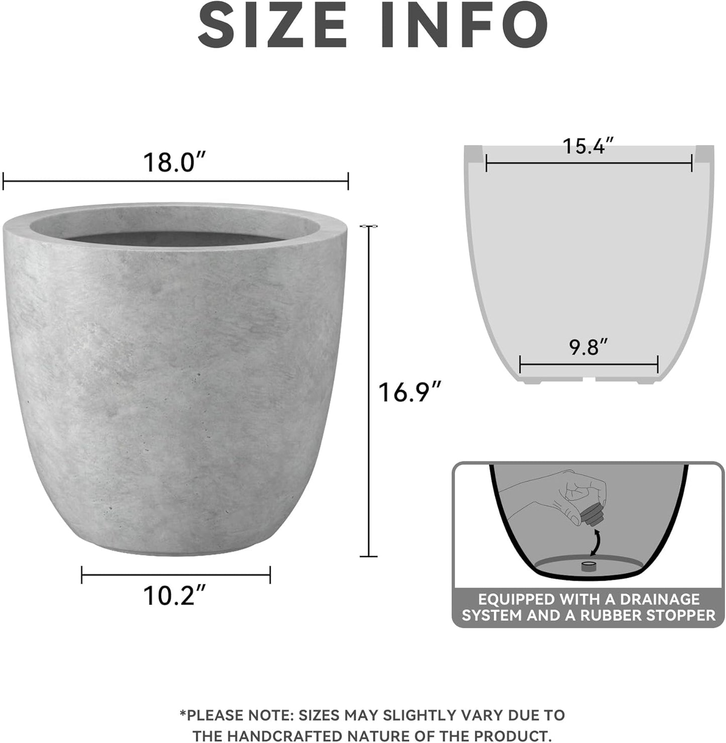 Kante 18 Inch Dia Round Concrete Planter, Indoor Outdoor Large Plant Pot with Drainage Hole and Rubber Plug for Home Patio Garden, Natural Concrete