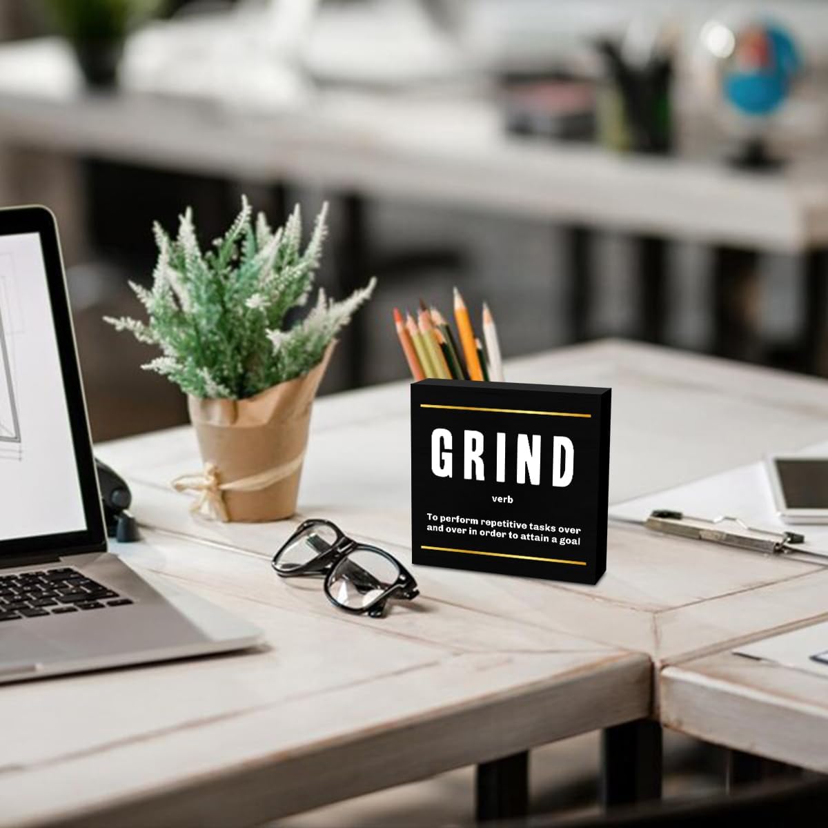 Grind Definition Entrepreneur Black Wooden Box Sign, Inspirational Office Decor Decorative Table Shelf Desk Decor, Rustic Workplace Farmhouse Home Cubicle Decor Office Decorations Desk Accessories